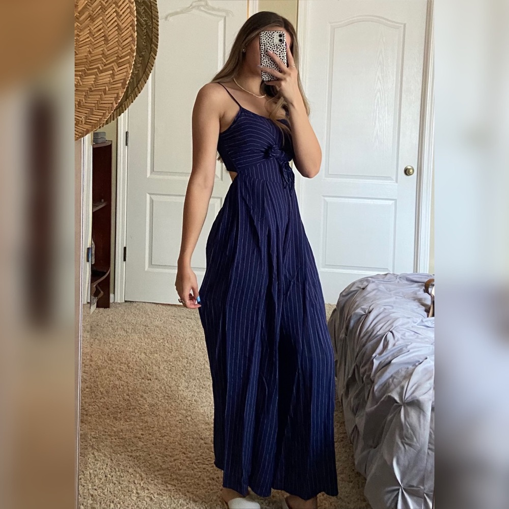 Flying Tomato Striped Open-back Tie Front Jumpsuit